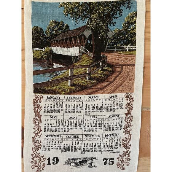 Vintage Linen Tea Towel/Wall hanging.Kay Dee.1975 Calendar.Country Bridge 29"x17 - Picture 2 of 3